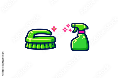 Stylized cleaning tools set featuring scrubbing brush and spray bottle with sparkle icons