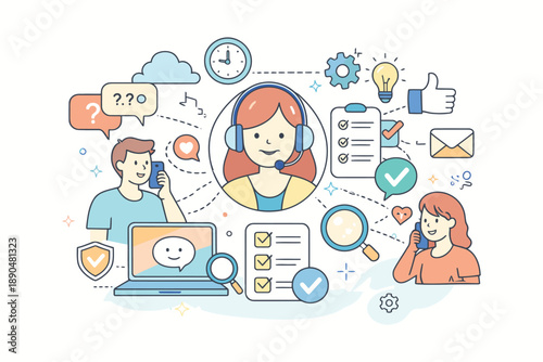 Customer support team providing assistance via headset and laptop