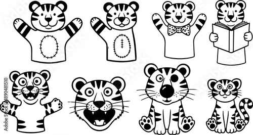 Black and white cartoon tiger puppets and tiger faces with varied expressions and a reading tiger cub sitting in front