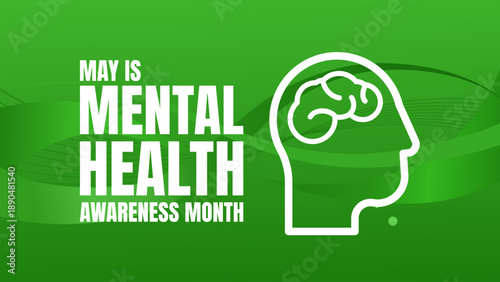 mental health awareness month, banner with head and brain icon on green background, vector illustration