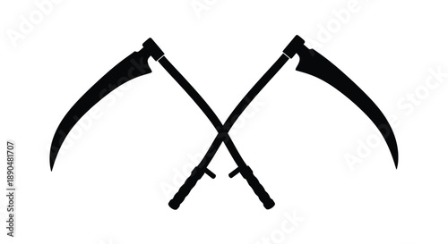 Two crossed scythes forming an x shape stark black silhouette