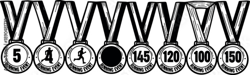 Black and white vintage style vector art of running event medals with numbers and runner silhouettes hanging in a row