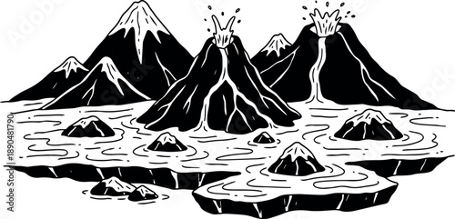 Black and white volcanic islands erupting lava with snow capped mountains surrounding ocean waves in vector art landscape