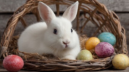 A white rabbit sitting in a wicker basket surrounded by colorful Easter eggs on a wooden surface