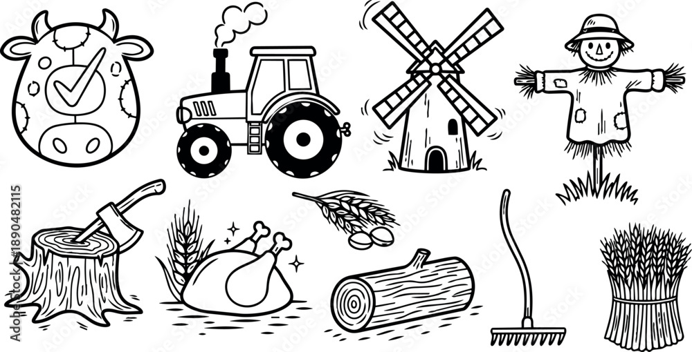 Naklejka premium Black and white line art farm icons set with cow face, tractor, windmill, scarecrow, tree stump, roast chicken and farm tools collection