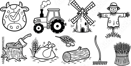Black and white line art farm icons set with cow face, tractor, windmill, scarecrow, tree stump, roast chicken and farm tools collection