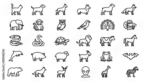 Educational Animal Icon Set – Large Grid of Outlined Line Icons, animal icons, pet icons, farm animals, wild animals, aquatic animals, reptile icons, bird icons, mammal icons, educational icons, 