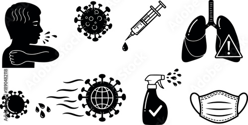 Black silhouette vector icons depicting coughing person, virus particles, syringe vaccine, lungs with warning, disinfectant spray, and protective face mask