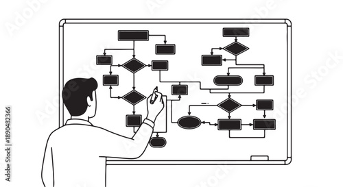 Man creating complex flowchart on whiteboard with marker in office setting for business planning