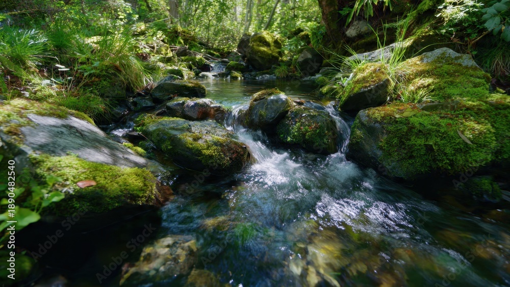 Obraz premium Mossy Rocks in Flowing Forest Stream