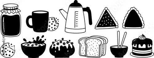 Black and white minimalist vector art of breakfast items including coffee mug with bitten cookie and jar honey in line drawing style