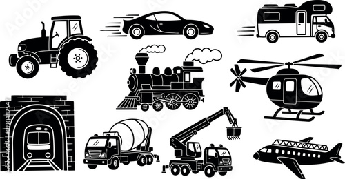 Black silhouette flat design set of diverse vehicles including tractor, sports car, camper van, helicopter, airplane, steam train, tunnel, cement mixer, and excavator truck collection