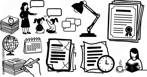 Black and white educational vector icons teacher instructing children reading clock documents lamp calendar globe pen writing certificates coffee cup