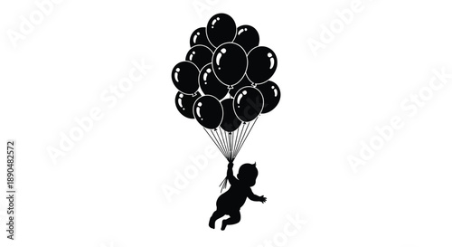 A cluster of black balloons lifting a child striking silhouette