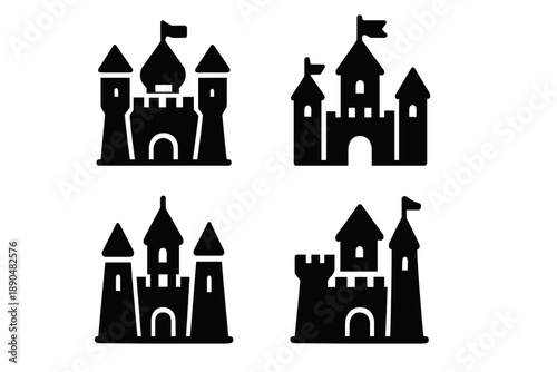 Set of four distinct black silhouette icons of ancient castles and royal fortresses
