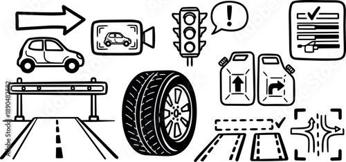Hand drawn vector set of car, tire, road barrier, traffic light, fuel cans, and driving safety icons with warning sign and lane markings