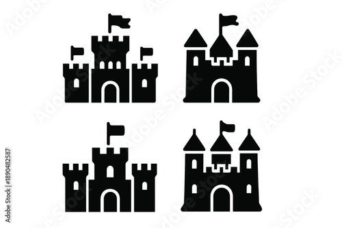 Medieval fortress silhouettes featuring various architectural styles and flags