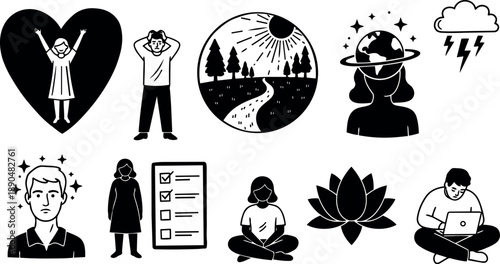 Black and white vector person in heart with raised arms, stressed man holding head, sunny forest path, woman with orbiting earth, storm cloud with lightning bolts