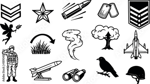 Minimalist vector art of military icons including soldier saluting, bullet flying, jet fighter top view, dog tags, and helmet silhouette collection