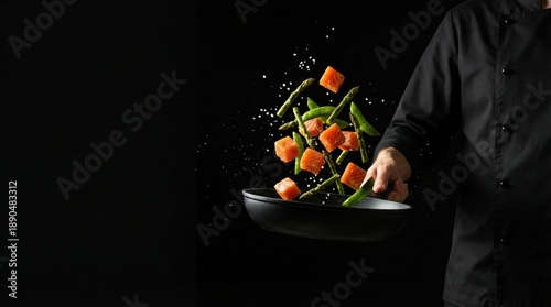 Chef tossing salmon and asparagus in a pan with a dramatic flourish