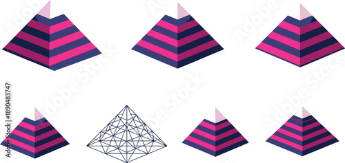 Set of eight pink and blue striped pyramids including one wireframe model, on transparent background