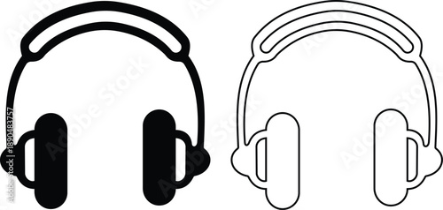 Headphones and headset icon set with flat and line style audio symbols, music listening sound wave call center headset icons in black monochrome vector illustration collection