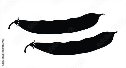 Two black bean pods presented against a white background silhouette
