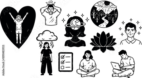 Minimalist black and white vector icons of diverse people with mental health themes including meditation, stress, productivity, and nature connection