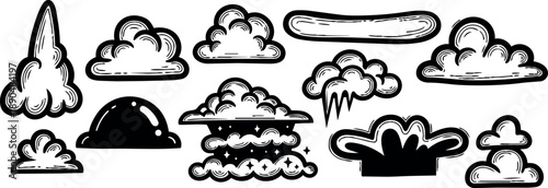 Black and white hand drawn cloud shapes set with various storm and fluffy cumulus designs in vector art style