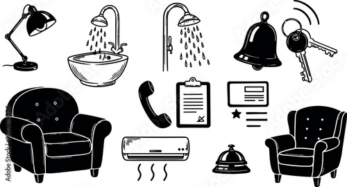 Black and white vector icons of armchairs, desk lamp, shower heads, phone receiver, bell, keys, air conditioner, and clipboard illustration
