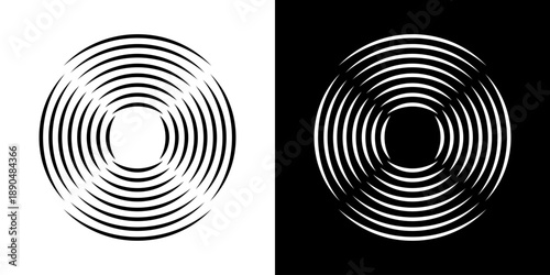 Visual Perception And Hypnotic Pattern Outline Symbol Collection. Concentric Circular Lines Optical Illusion Icon Set. Abstract Geometric Design. Isolated Vector Illustration