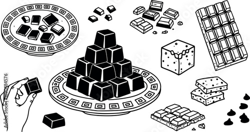 Black and white line art showing various chocolate pieces stacked on plates and held by hand with scattered chocolate chunks and bars