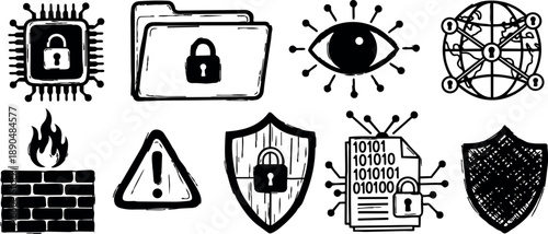 Hand drawn cybersecurity icons set with lock microchip, folder, eye, firewall, warning, shield, file and network protection symbols in black