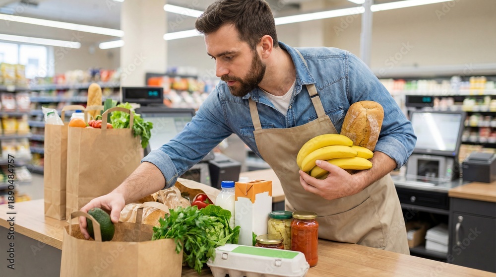 Fototapeta premium Man packing groceries into paper bags while shopping in a store 