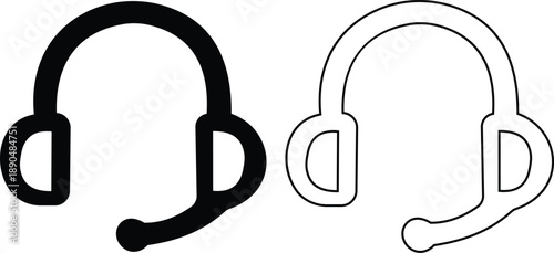 Headphones and headset icon set with flat and line style audio symbols, music listening sound wave call center headset icons in black monochrome vector illustration collection