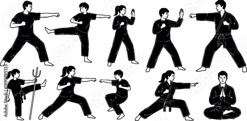 Black and white vector art of diverse martial artists practicing punches kicks stances and meditation in traditional uniform disciplined poses