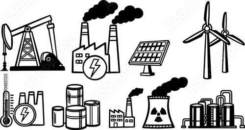 Black and white vector icons of industrial energy sources including oil pump, factories, solar panel, wind turbines, and nuclear plant emissions