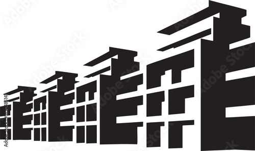 Black and white abstract pixelated city skyline with varying building heights and rooftops