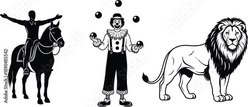 Circus performer silhouettes with horse rider clown juggler and lion illustration, classic carnival entertainment characters black white vector set