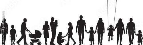 Black silhouette collection of diverse families with parents holding hands with children carrying babies and pushing strollers isolated on white background for parenting concept