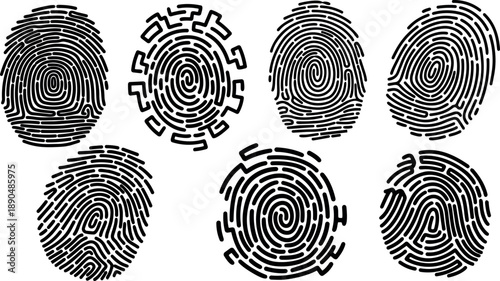 Set of detailed black fingerprint vector icons with various spiral lines and patterns on white background isolated