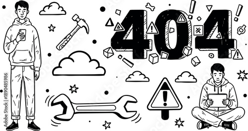 Black and white line art with 404 error text featuring young man standing with smartphone and sitting with tablet surrounded by tools and warning icons