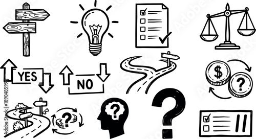 Black and white hand drawn decision making icons with arrows question marks light bulb checklist and scales set