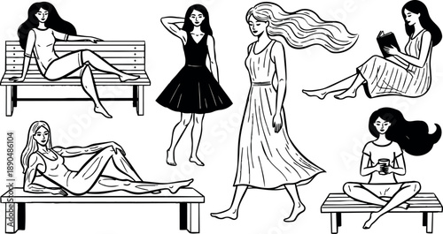 Black and white line art of six women relaxing reading drinking and walking in long and short dresses with flowing hair outdoors