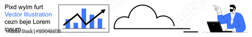 Business analysis, cloud computing, data storage, remote work, communication, digital technology. Graph with rising chart, cloud element and businessman using laptop. Business analysis and cloud