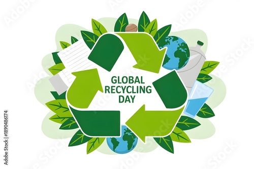 Wallpaper Mural Global Recycling Day concept with green recycle symbol, earth globe, and eco-friendly elements on a leaf background Torontodigital.ca