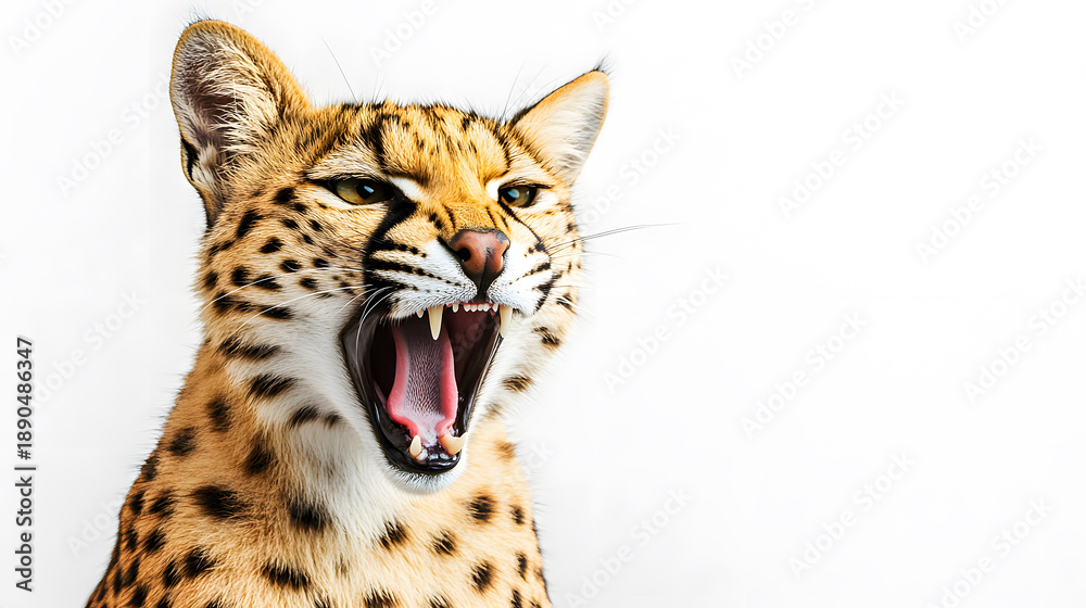 Fototapeta premium A wild serval cat opens its mouth and shows its teeth on a white background. Fierce spotted feline