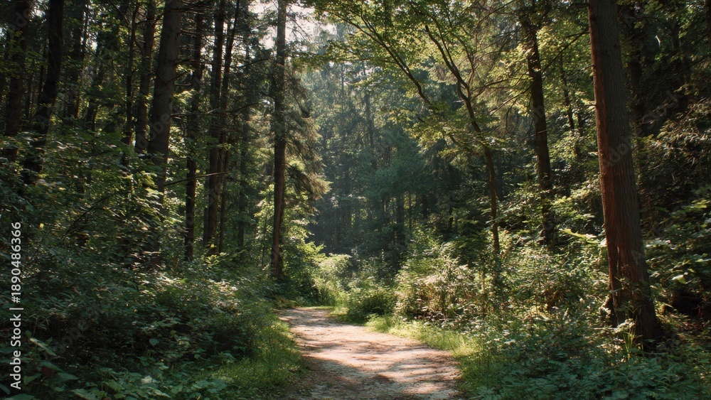Fototapeta premium Sunlit Path Through Lush Green Forest
