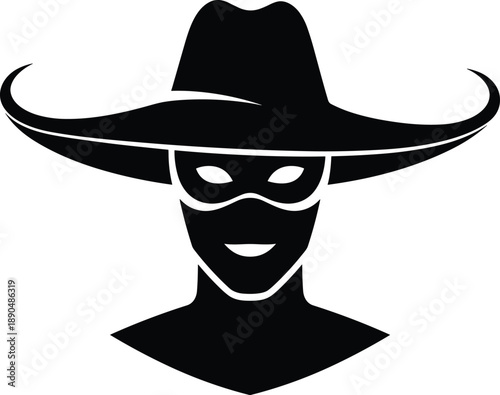 Mysterious masked man silhouette wearing wide brim hat, secret identity, spy or outlaw concept, minimalist black vector illustration