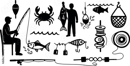 Silhouette fishing vector set featuring angler catching fish crab fishing hooks and tackle gear black style isolated on white